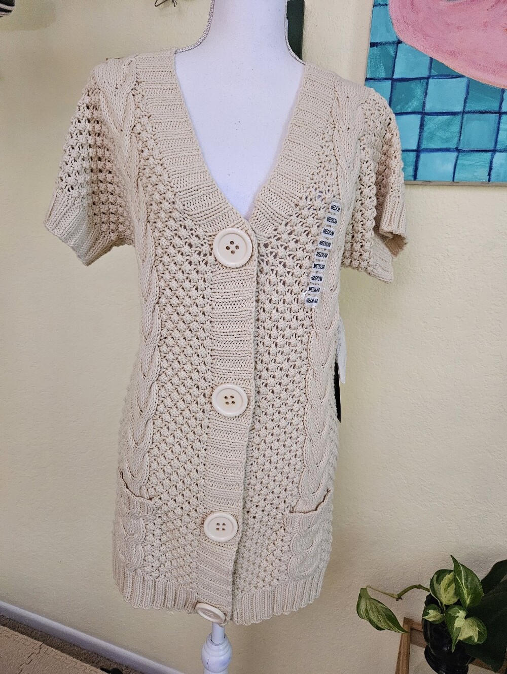 525 Anerica Cream Cable-Knit Short-Sleeve Button Front Sweater Cardigan Sz M